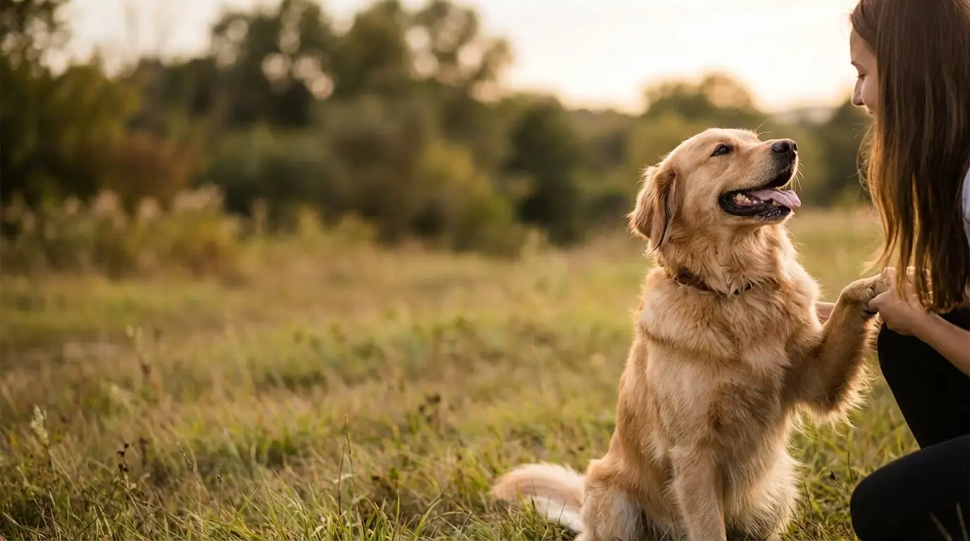 Hundebesitzerin mit ihrem Golden Retriever bei Sonnenuntergang