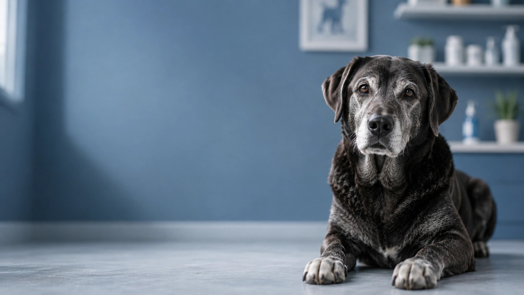 Älterer schwarzer Labrador liegt entspannt zu Hause