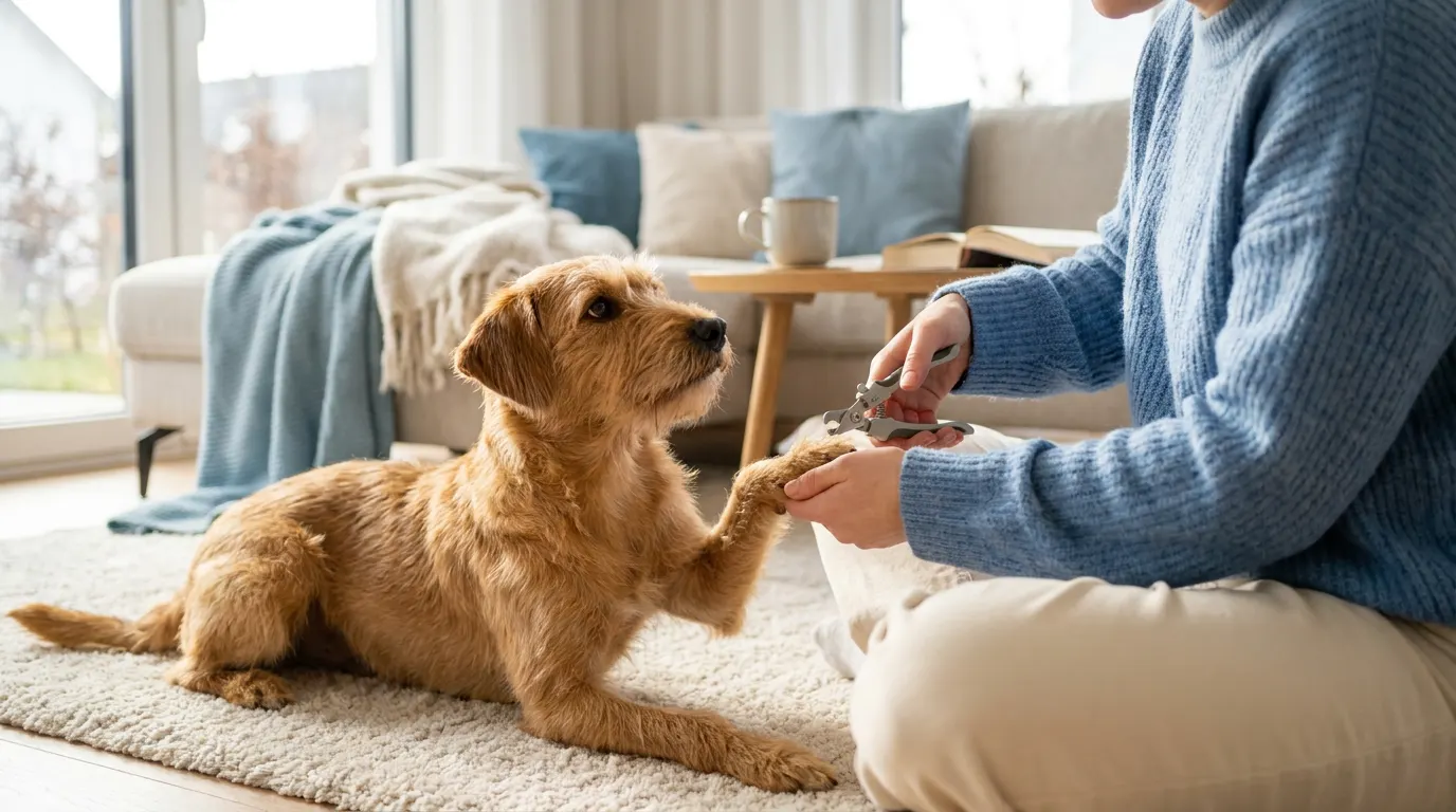 Hundebesitzer schneidet in einem hellen deutschen Wohnzimmer vorsichtig die Kralle seines Hundes mit einer Krallenzange