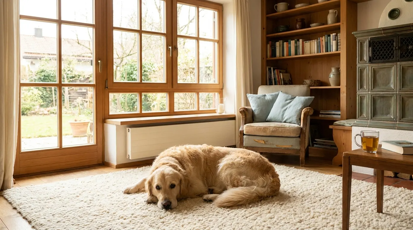Golden Retriever liegt ruhig auf einem Teppich in einem hellen deutschen Wohnzimmer