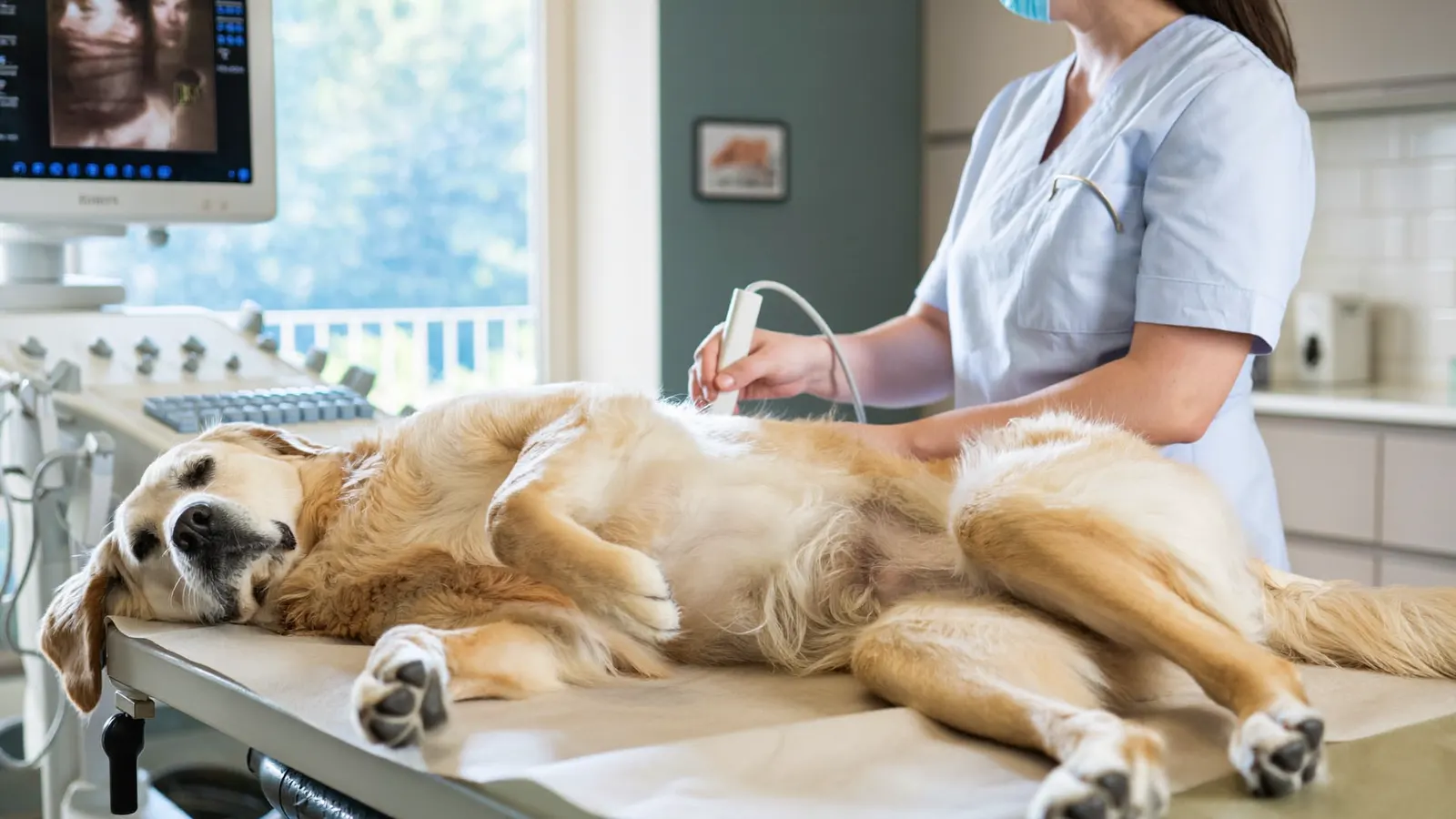 Golden Retriever liegt entspannt auf dem Untersuchungstisch, Tierärztin macht einen Bauchultraschall