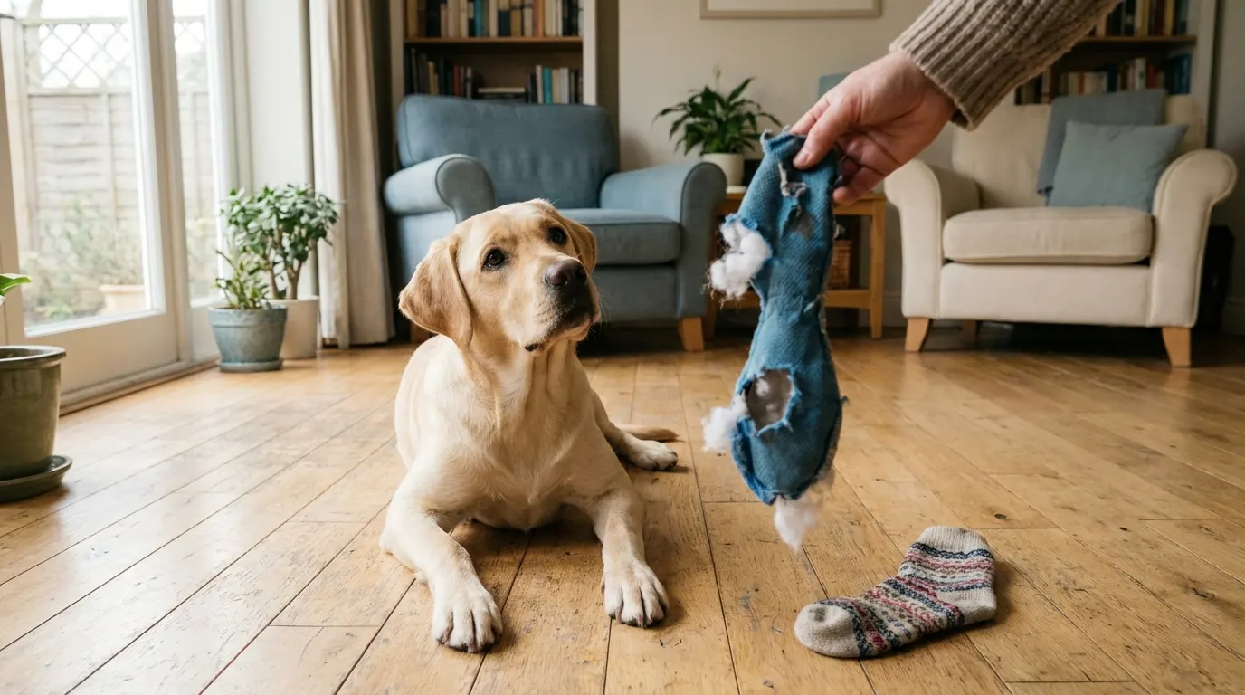Junger Labrador sitzt im Wohnzimmer, davor hält eine Hand ein aufgerissenes Stoffspielzeug, daneben liegt eine Socke