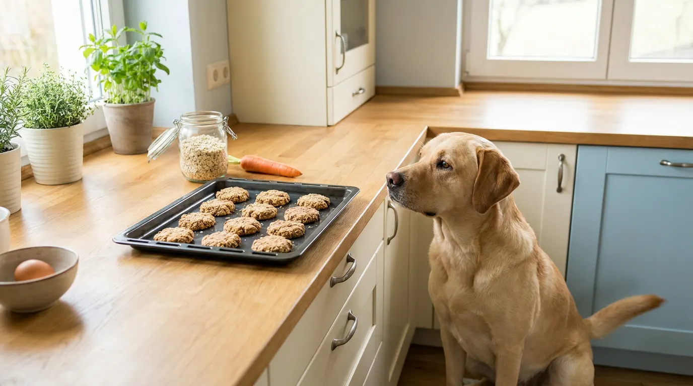 Selbst gebackene Hundekuchen kühlen auf einem Blech aus, daneben sitzt ein Labrador in einer hellen Küche