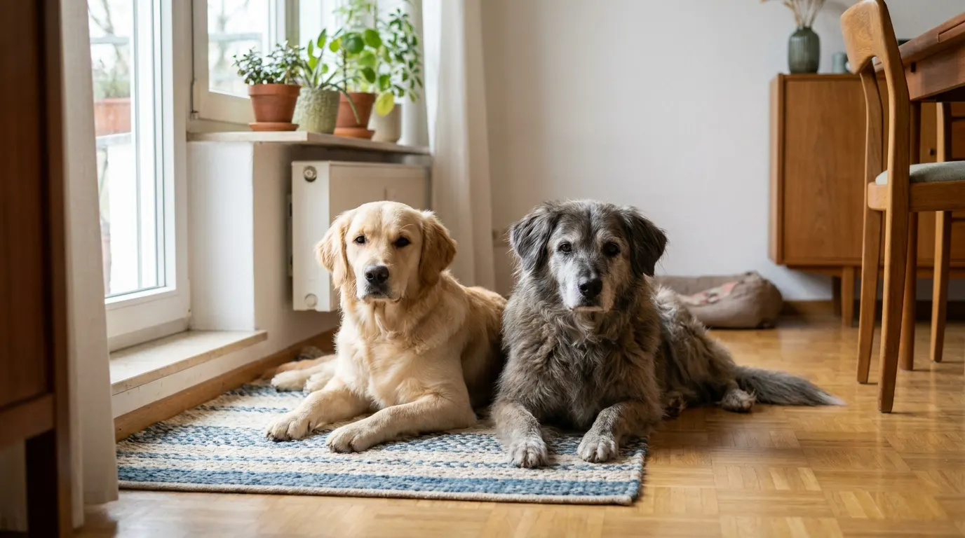 Junger Golden Retriever und älterer grauhaariger Mischling liegen nebeneinander auf einem Teppich in einem hellen Wohnzimmer