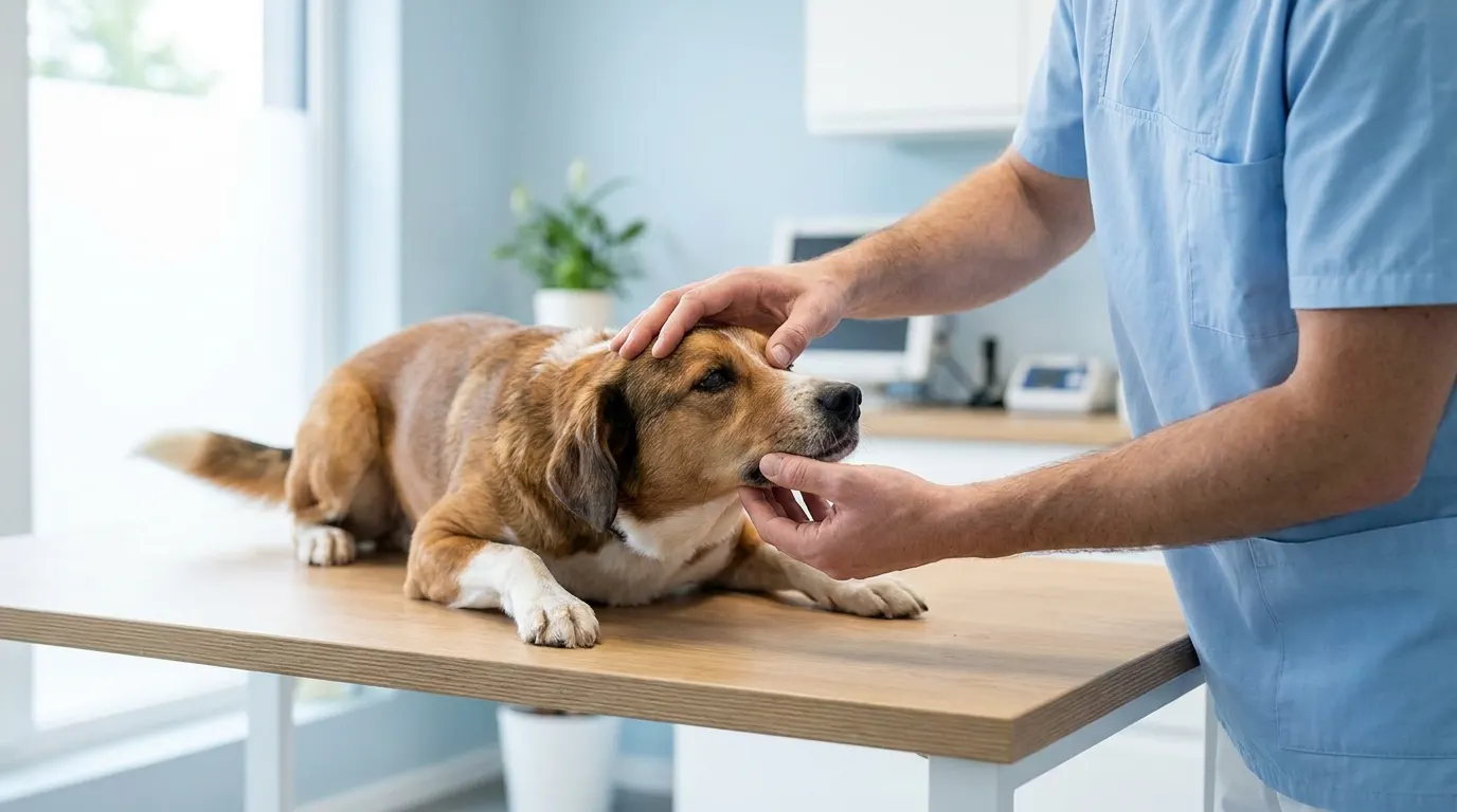 Tierarzt untersucht einen ruhig liegenden Hund auf dem Untersuchungstisch in einer hellen Praxis