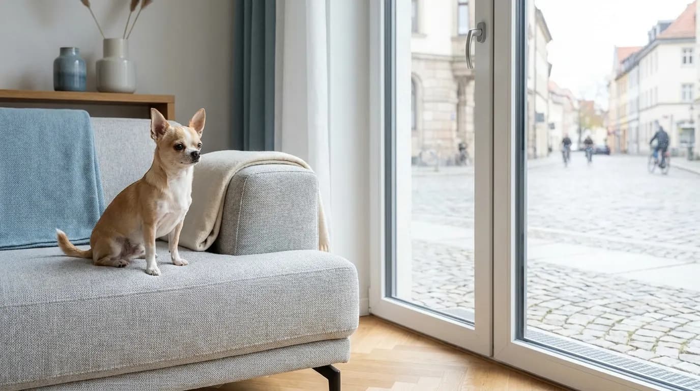 Rehbrauner Chihuahua mit weißer Brust sitzt aufmerksam auf einem hellgrauen Sofa am Fenster einer hellen Wohnung