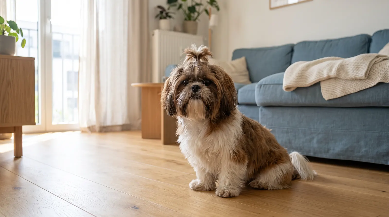 Brauner Shih Tzu mit weisser Brust und hochgebundenem Haarschopf sitzt aufmerksam auf einem Eichenboden vor einem blauen Sofa in einem hellen Wohnzimmer.