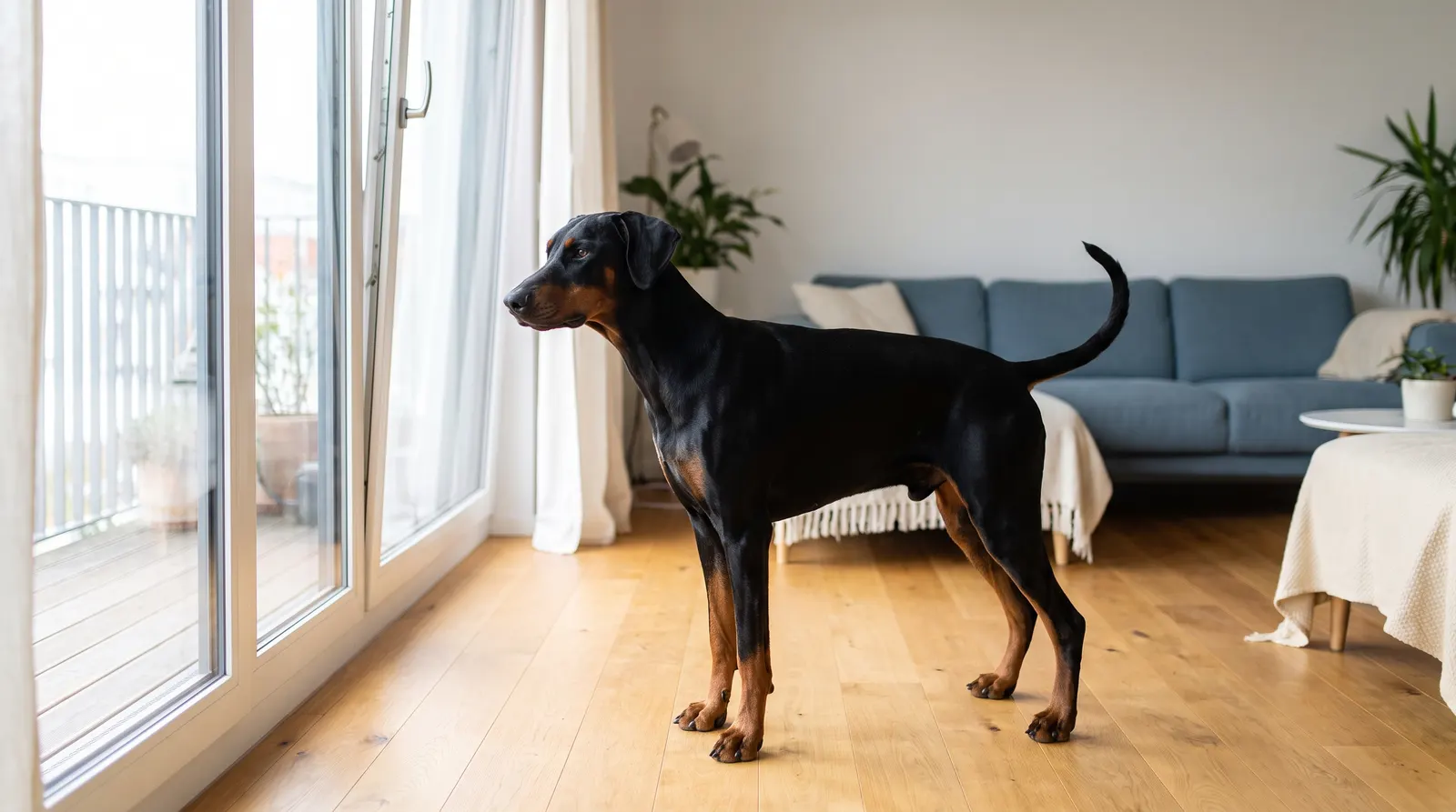 Schwarz-brauner Dobermann mit natürlichen Schlappohren und langer Rute steht aufmerksam auf Holzdielen in einem hellen Wohnzimmer vor einer Balkontür