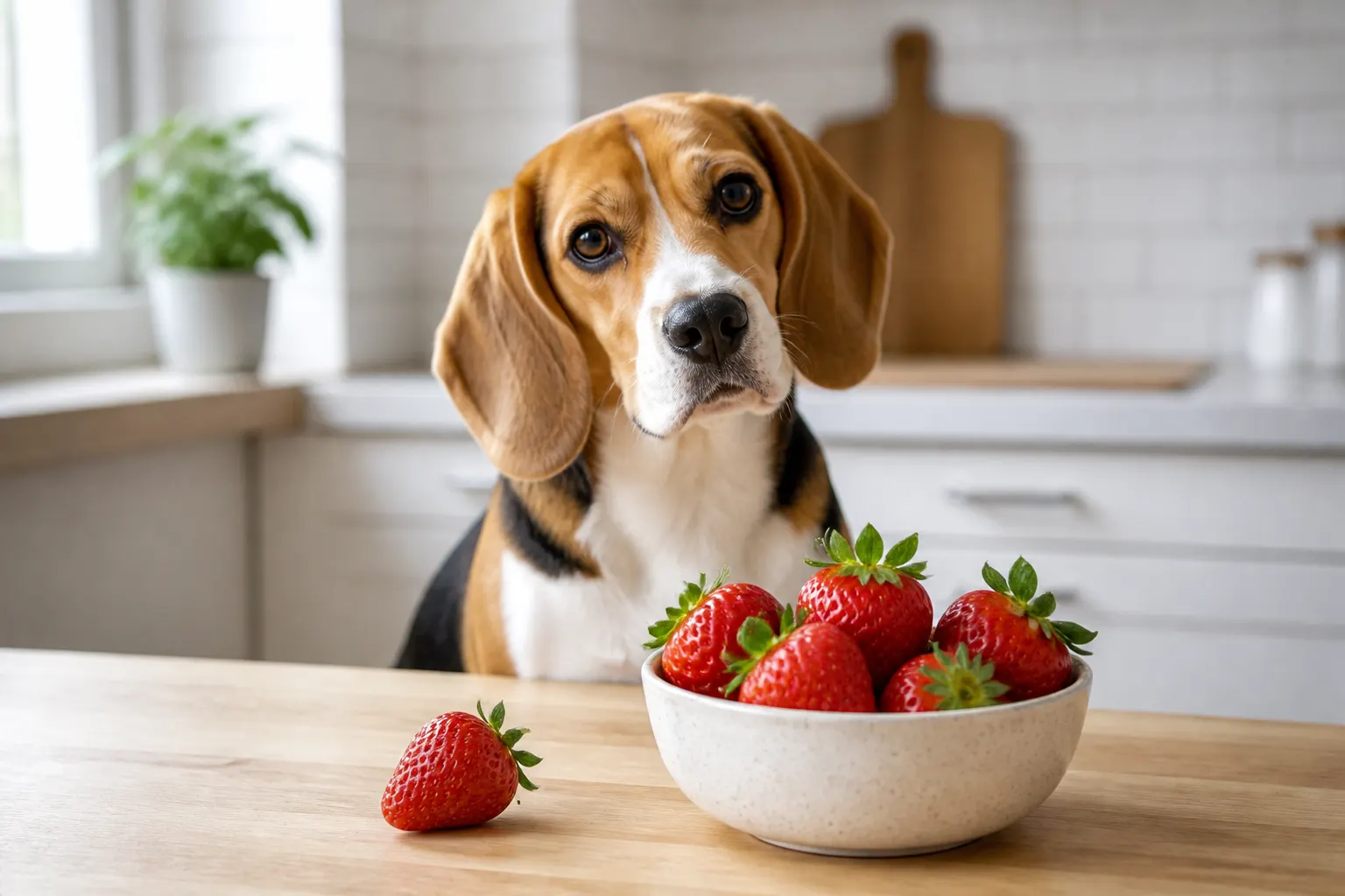 Ein dreifarbiger Hund sitzt neugierig vor einer Schale mit frischen roten Erdbeeren auf einem Holztisch in einer hellen Küche.