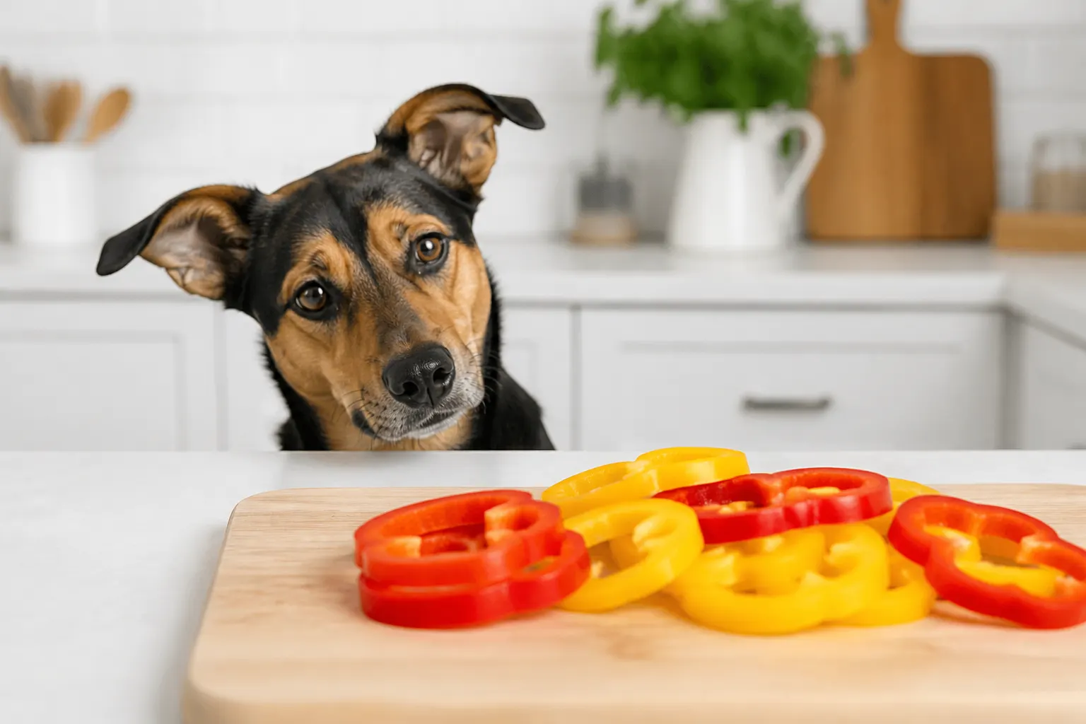 Ein neugieriger Hund betrachtet aufgeschnittene rote und gelbe Paprikaringe auf einem Holzbrett.