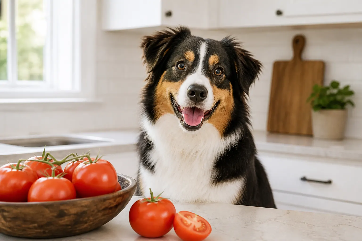 Ein freundlicher braun-weißer Hund sitzt in einer hellen Küche an einer Theke neben einer Holzschale voller frischer roter Tomaten.
