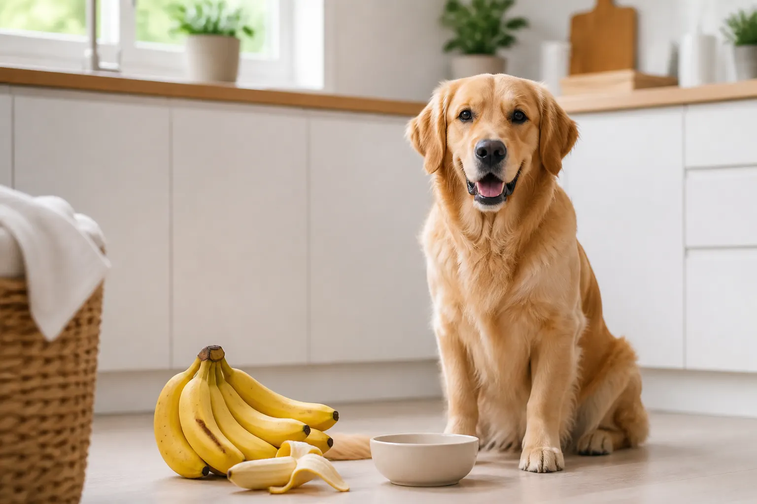 Ein freundlicher goldener Hund sitzt neben einem Bund Bananen und einer geschälten Banane in einer hellen, modernen Küche.