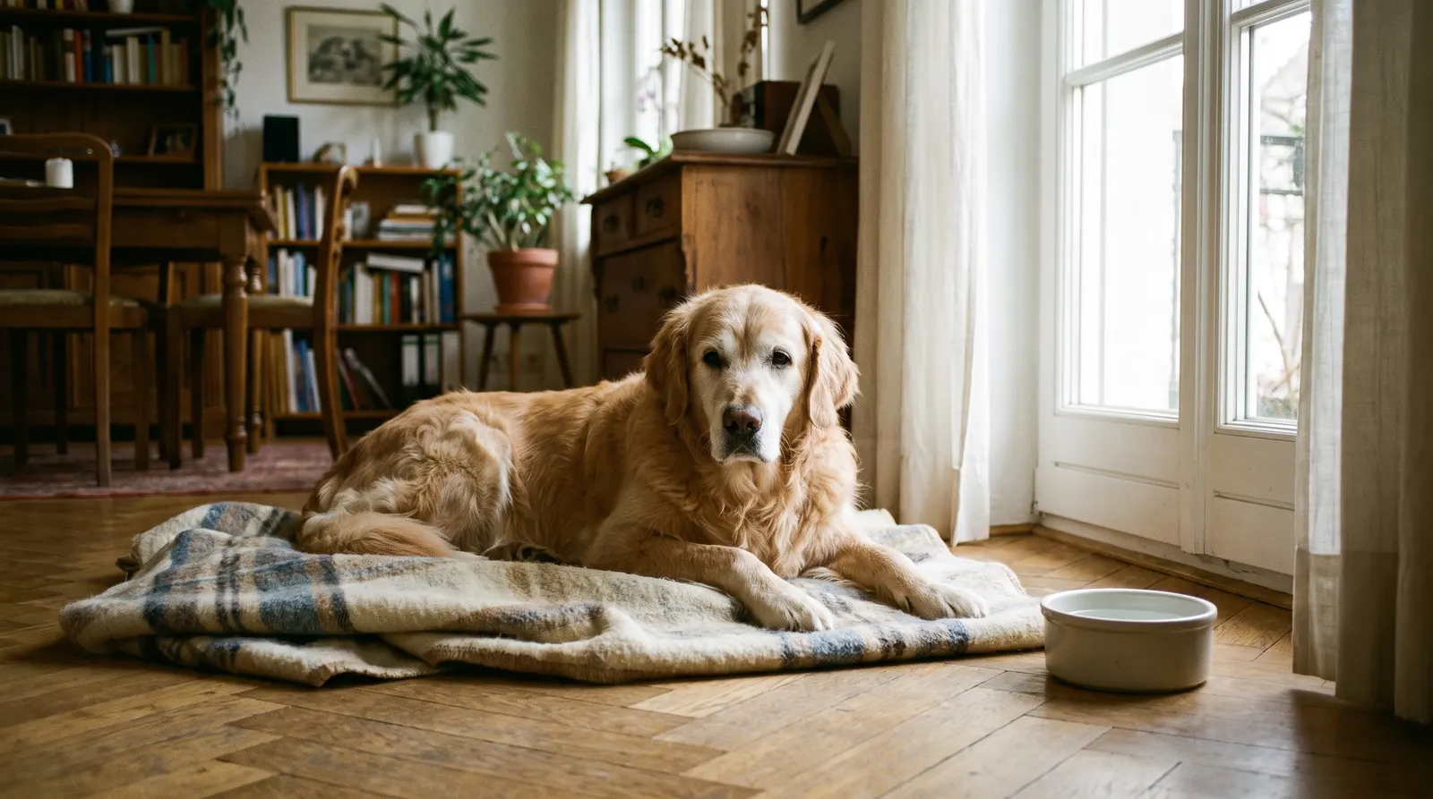 Aelterer Golden Retriever mit ergrauter Schnauze liegt ruhig auf einer karierten Wolldecke auf Parkett vor einem hellen Fenster in einer Altbauwohnung