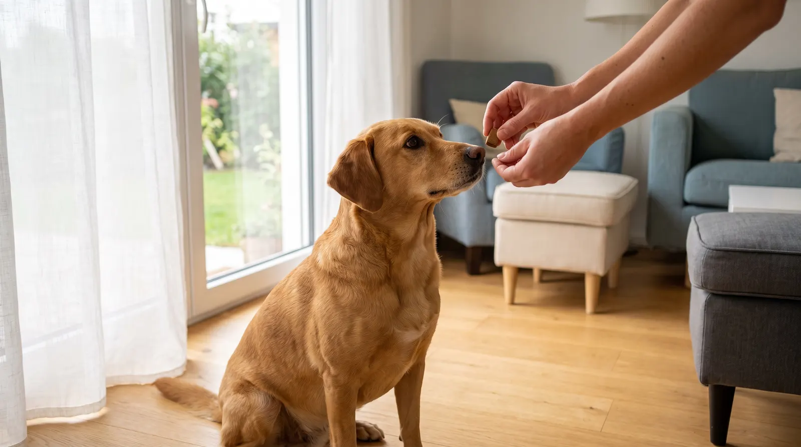 Hund bekommt in einem hellen Wohnzimmer eine Zecken-Tablette als Kautablette gereicht