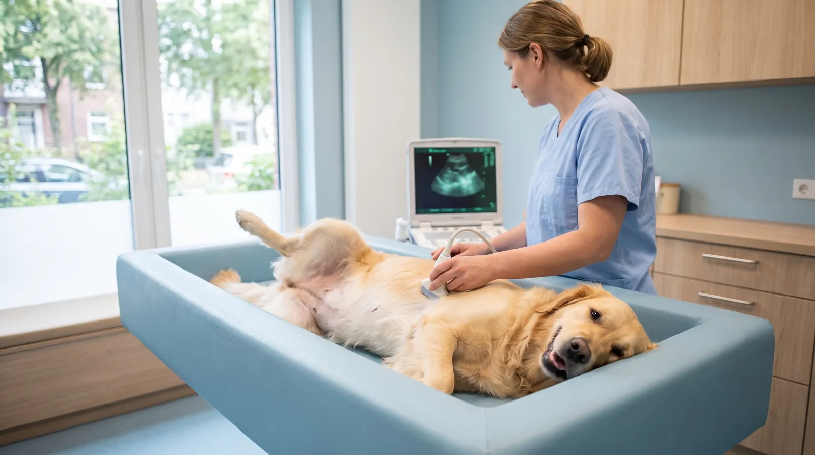 Golden Retriever liegt entspannt in einer hellblauen Untersuchungswanne, während eine Tierärztin mit dem Schallkopf einen Bauchultraschall durchführt