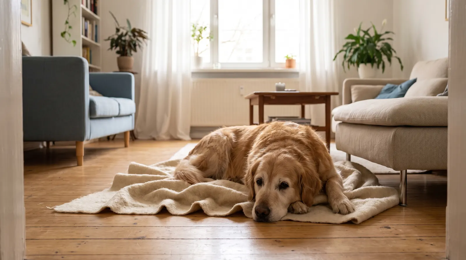 Älterer Golden Retriever mit hellem Fell liegt ruhig auf einer cremefarbenen Decke im sonnigen Wohnzimmer