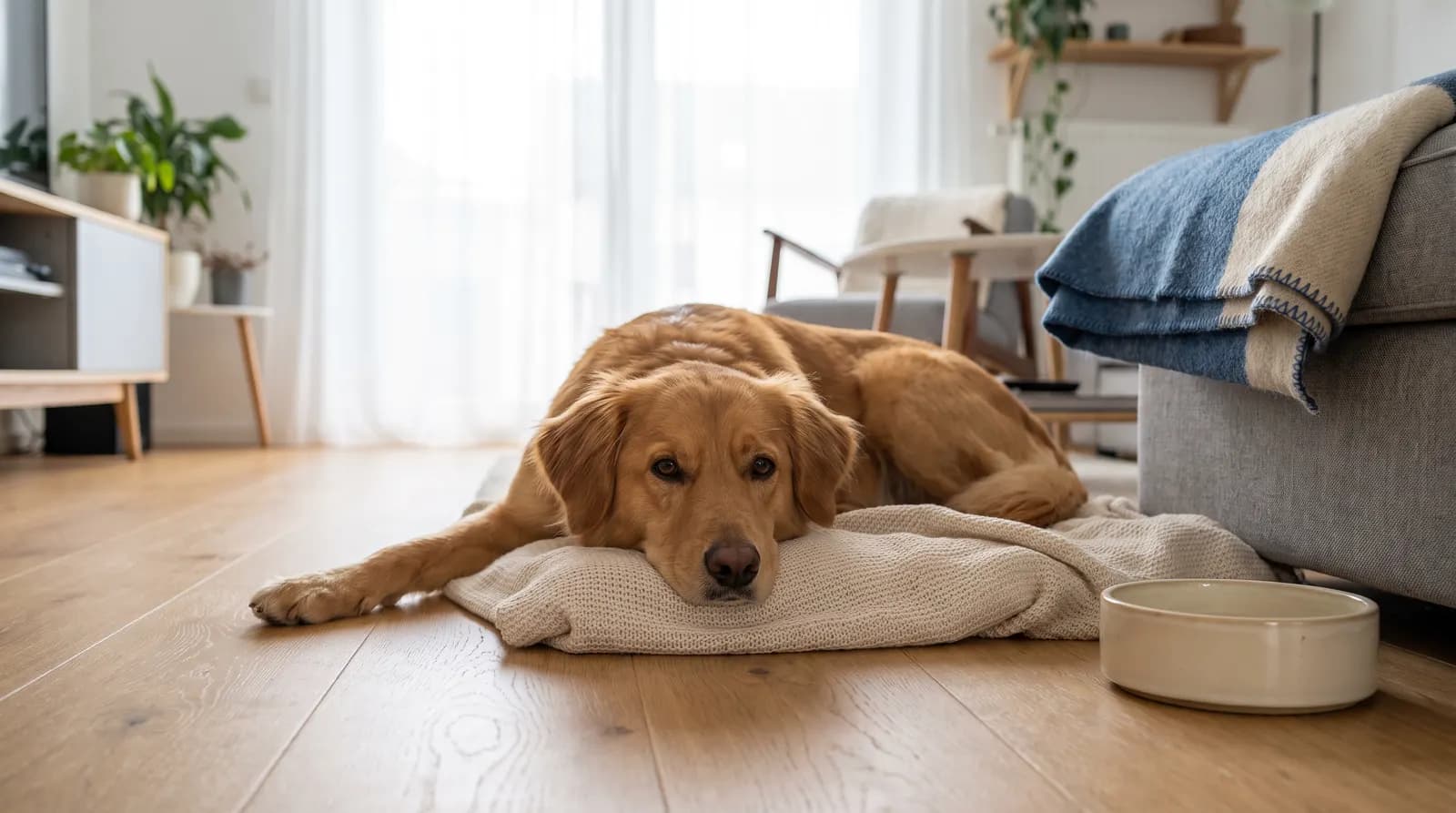 Goldfarbener Retriever liegt ruhend mit ausgestreckter Vorderpfote auf einer cremefarbenen Decke in einem hellen Wohnzimmer