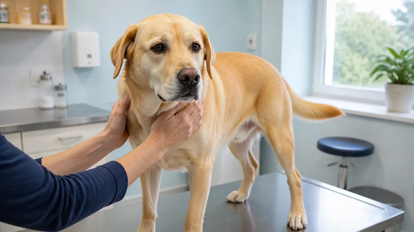 Heller Labrador steht auf dem Untersuchungstisch einer Tierarztpraxis und wird von zwei Händen sanft an der Schnauze beruhigt.
