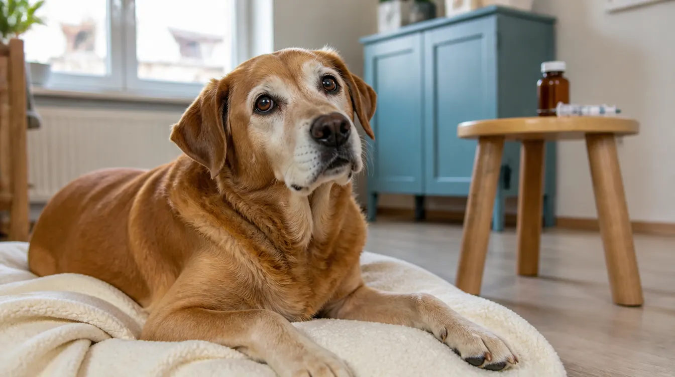 Älterer rotblonder Hund liegt auf einer cremefarbenen Decke in einer hellen Wohnung, im Hintergrund stehen eine Arzneiflasche und eine Dosierspritze auf einem Holzhocker