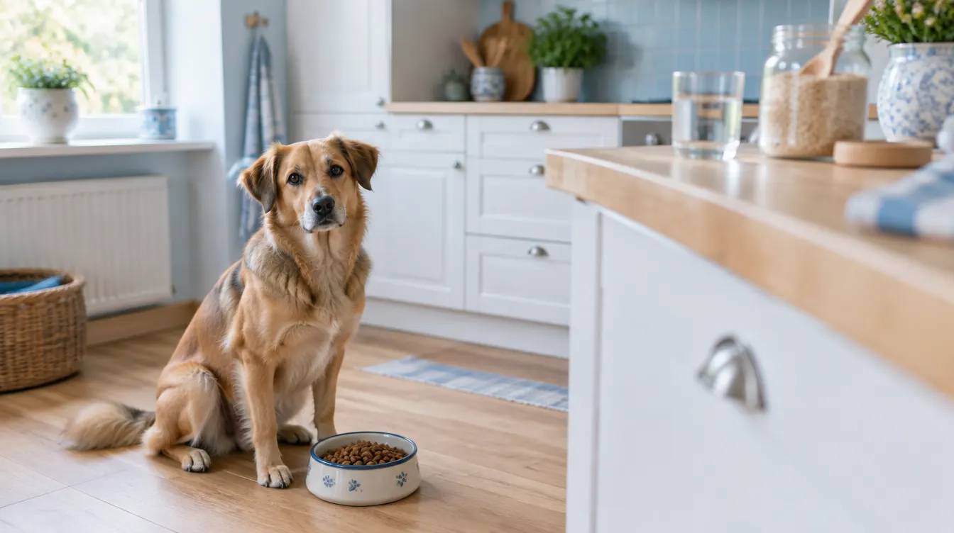 Hellbrauner Mischlingshund sitzt aufmerksam neben seinem Futternapf in einer hellen Küche, auf der Arbeitsplatte stehen ein Glas Flohsamenschalen und ein Wasserglas