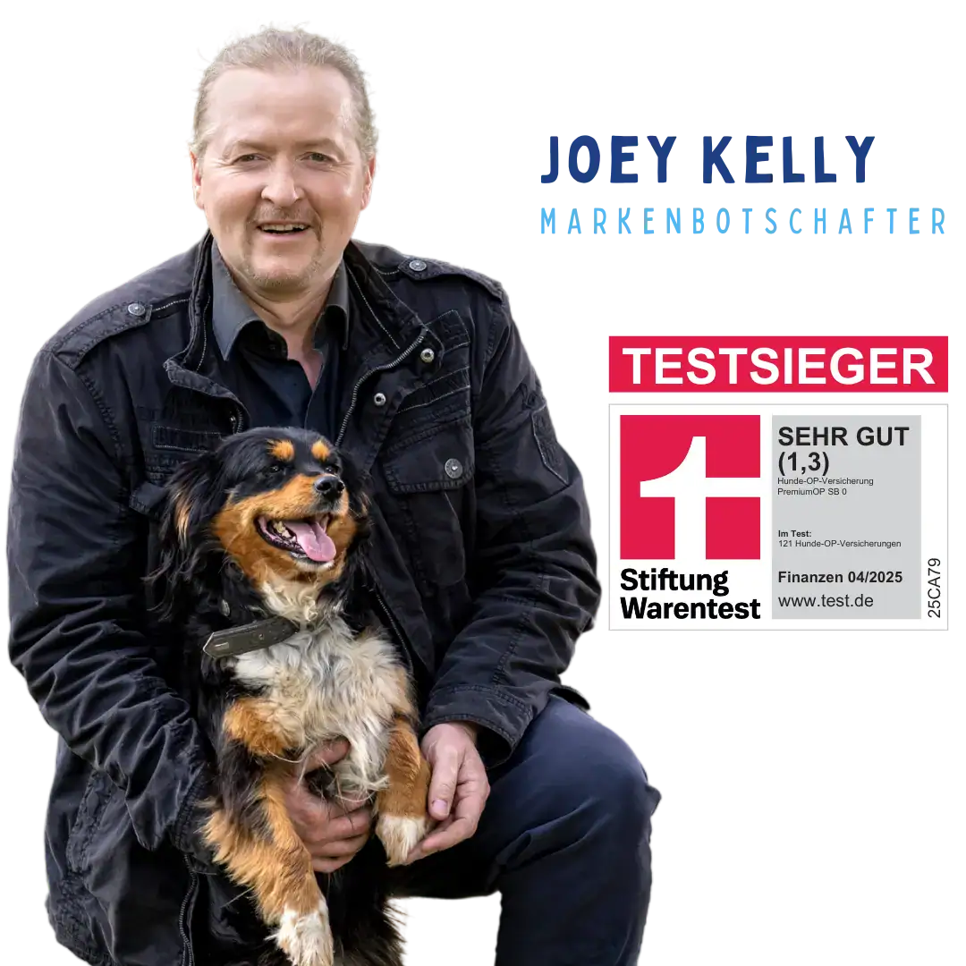 Joey Kelly mit Hund im Arm, er ist Markenbotschafter von dogcare24. Außerdem wird ein Stiftung Warentest Siegel mit 1,3 Sehr gut gezeigt für die besten OP Hundekrankenversicherungen