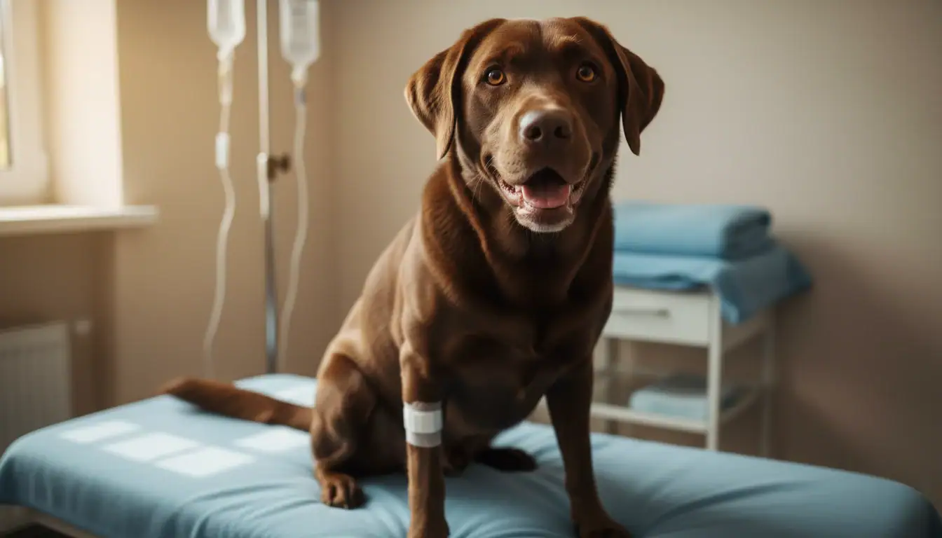 Hundedoktor bei der Untersuchung im Tierarztzimmer, brauner Labrador mit liegendem Fachband am Bein, bereit für medizinische Behandlung und Vorsorge, Tierarztpraxis für Hundegesundheit, Hund medizinisch versorgt.