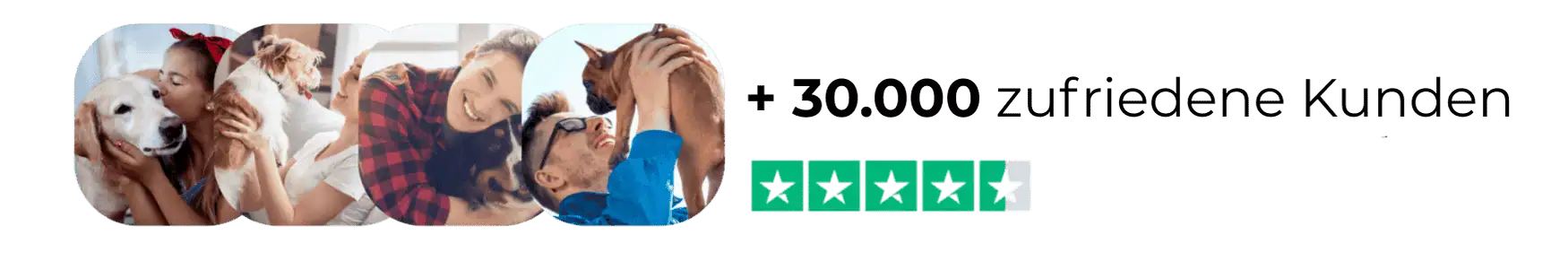 4 Bilder mit Hunden und Besitzer die lachen, +15.000 zufriedene Kunden mit Siegel