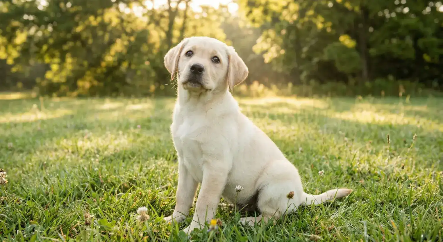 Süßer Labrador Welpe sitzt erwartungsvoll auf einer Wiese im weichen Morgenlicht