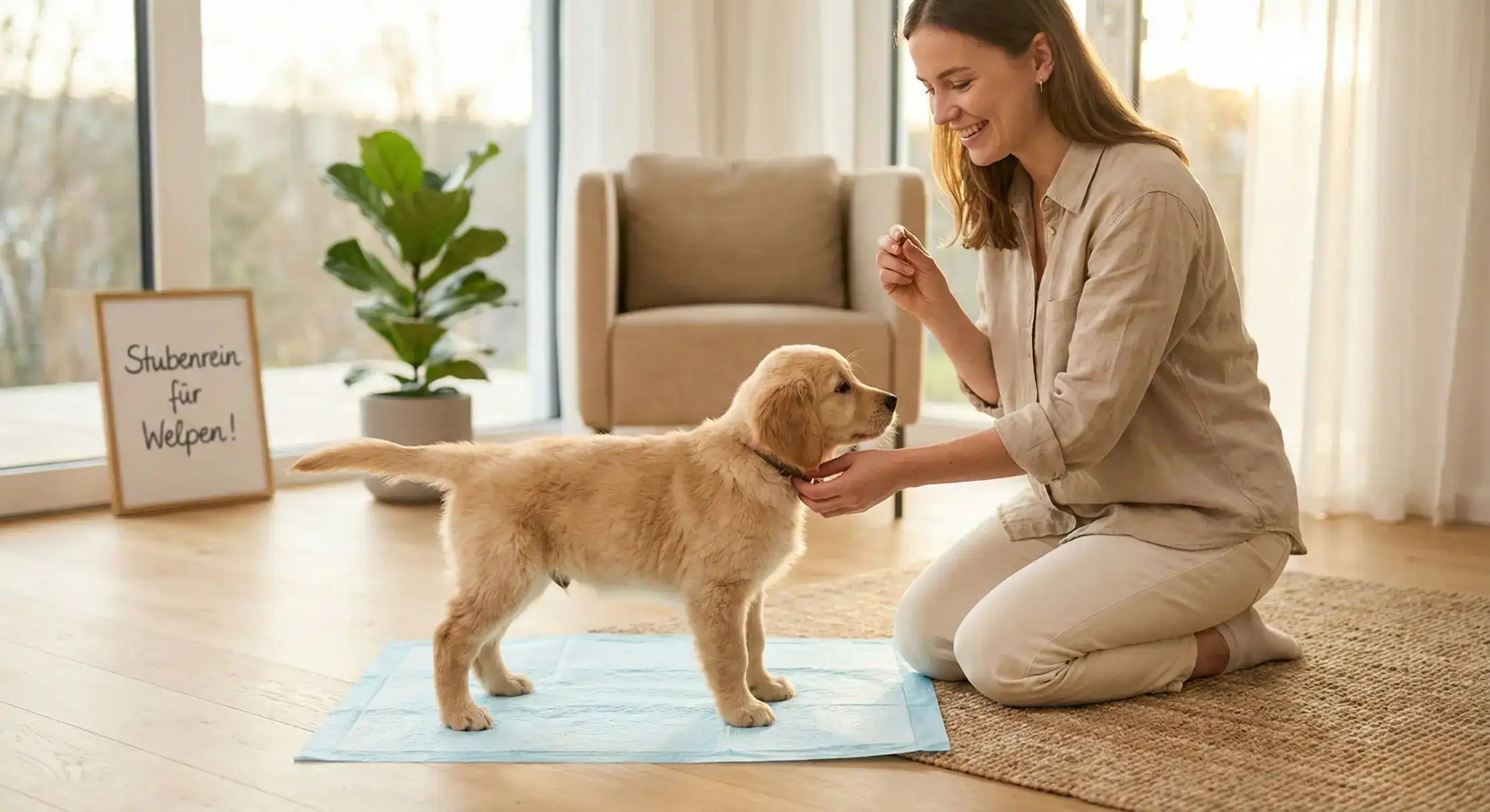 Hundebesitzerin trainiert Golden Retriever Welpen zur Stubenreinheit im Wohnzimmer mit positiver Verstärkung