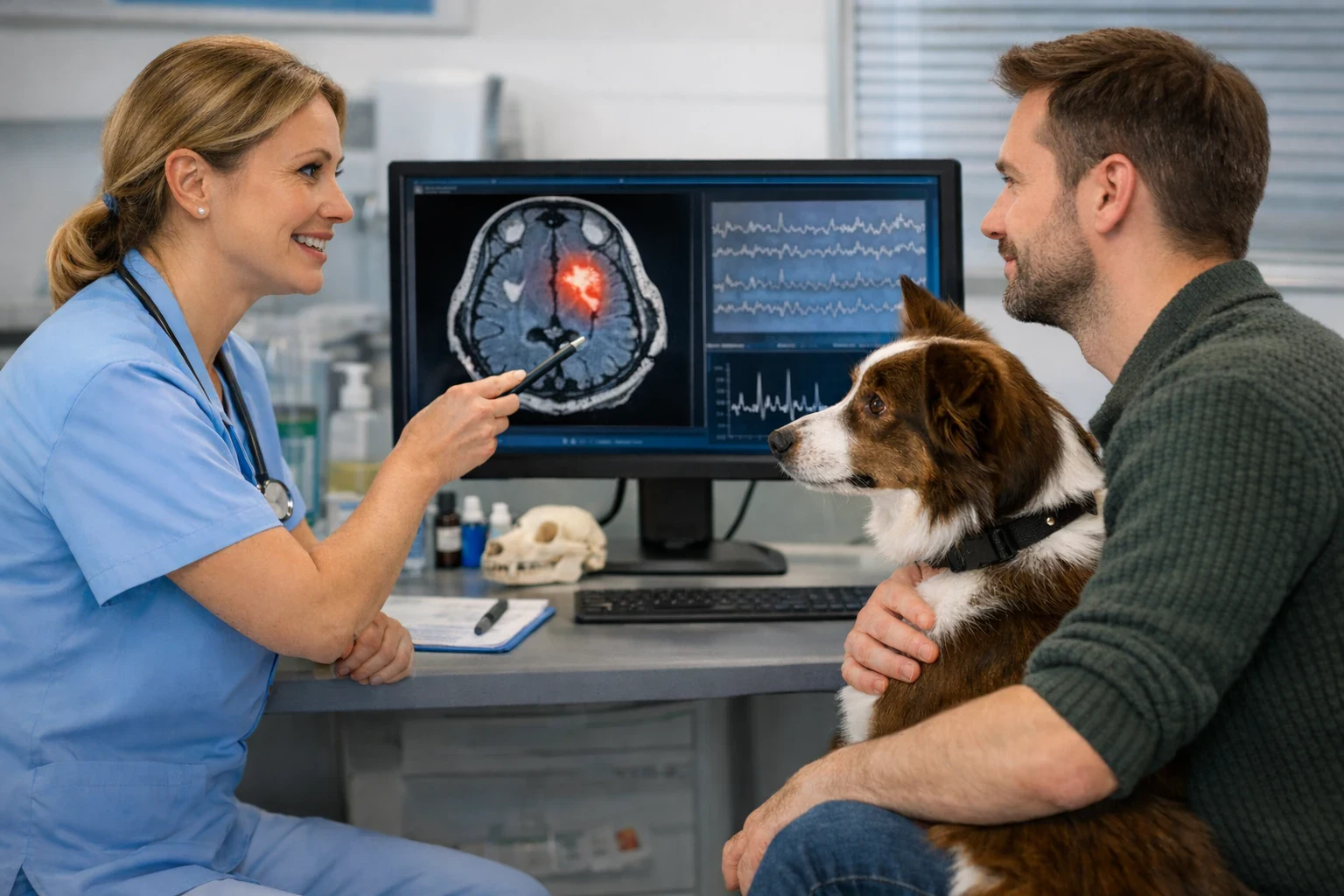 Hund bei Tierarzt in Untersuchung, Tierarzt erklärt MRT-Bild und EKG-Analyse, Hund sitzt ruhig auf dem Schoß des Besitzers, Tierarzt zeigt auf das MRT-Bild, Tiermedizin, Hundegesundheit, Tierarztpraxis, Tiermedizinische Untersuchung.