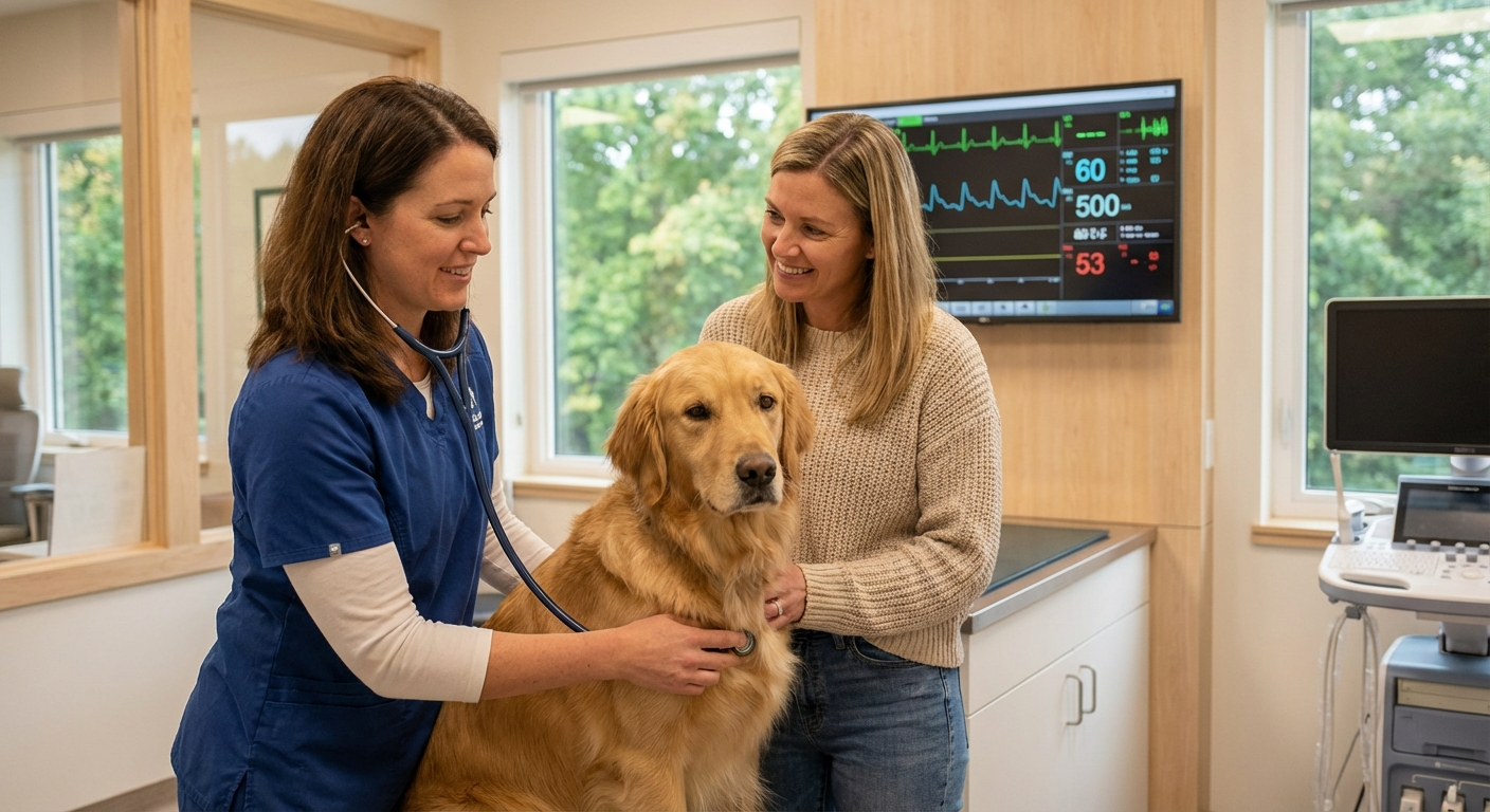 Hund in Tierarztpraxis bei Routineuntersuchung, freundlich mit Tierarzt und Besitzer, digitale Gesundheitsüberwachung im Hintergrund für optimale Tierpflege.