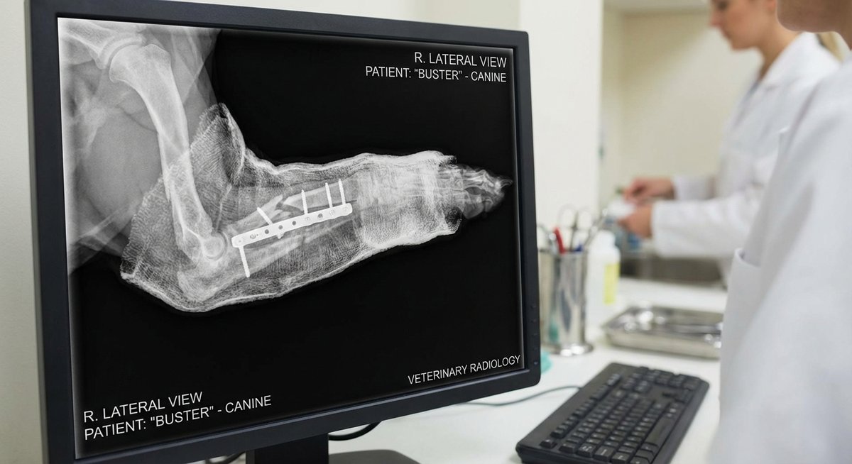 Hochwertiges Röntgenbild eines Hundes mit Metallimplantat, zeigt die Beinfraktur des Tieres, in einem Tierarztlabor.